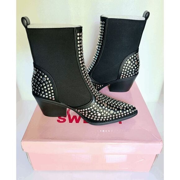 Studded Ankle Boots Block Chunky Heels Chelsea Shoes Slip On SIZE 6,5 NEW IN BOX - Picture 7 of 17